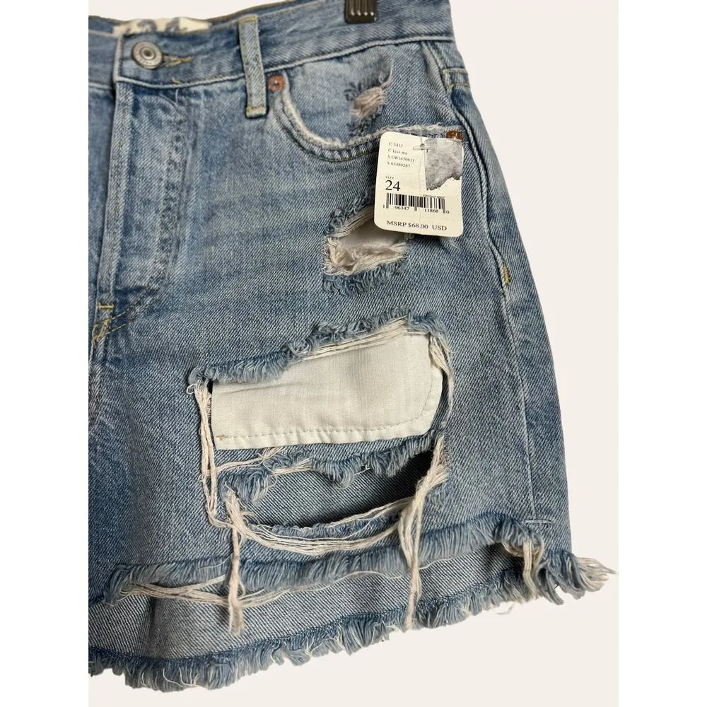 Free People Distressed Ripped Cut Off Blue Denim Casual Jean Shorts Size 24 - Image 5