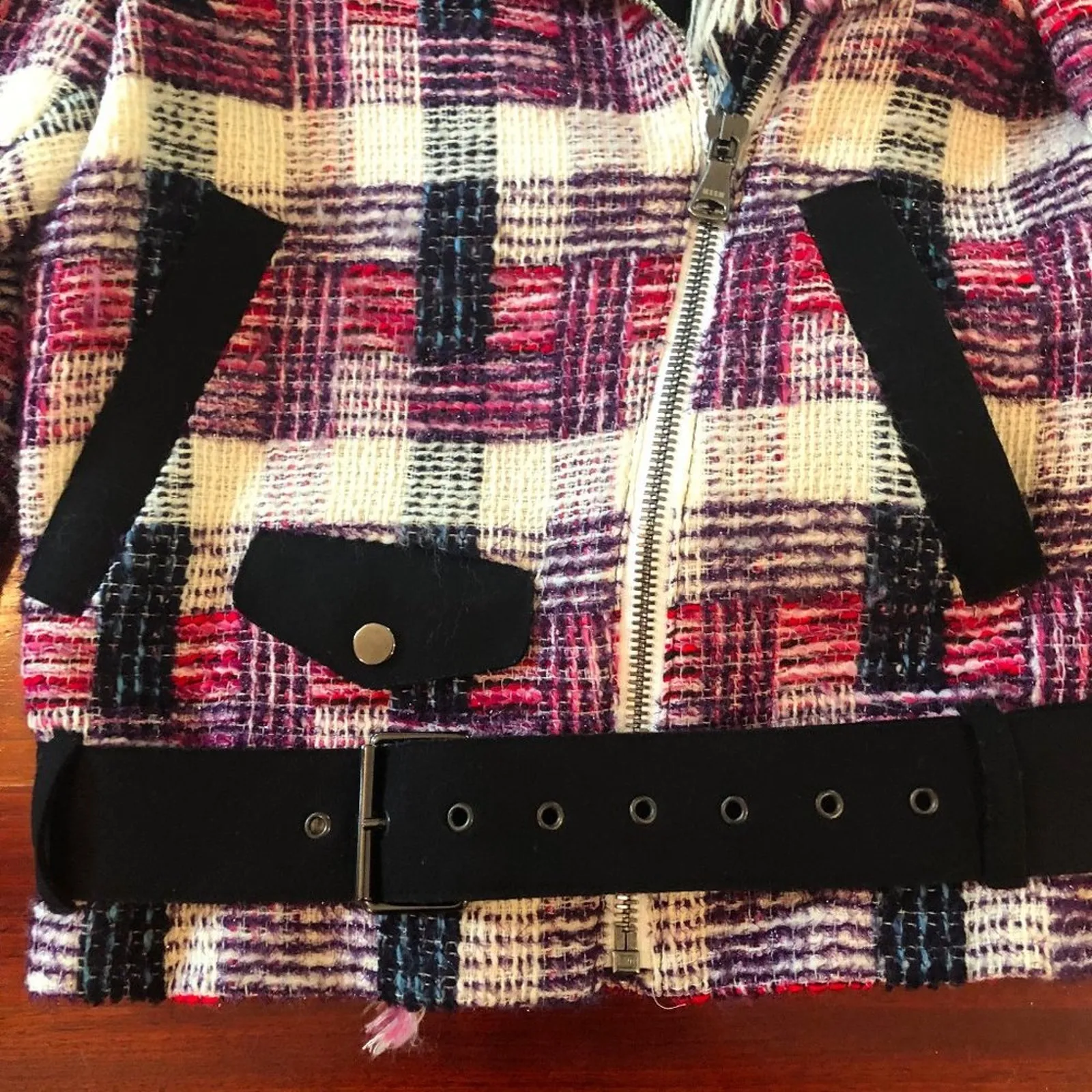 MSGM Plaid Moto Jacket Metallic Black Size 4 - Image 6