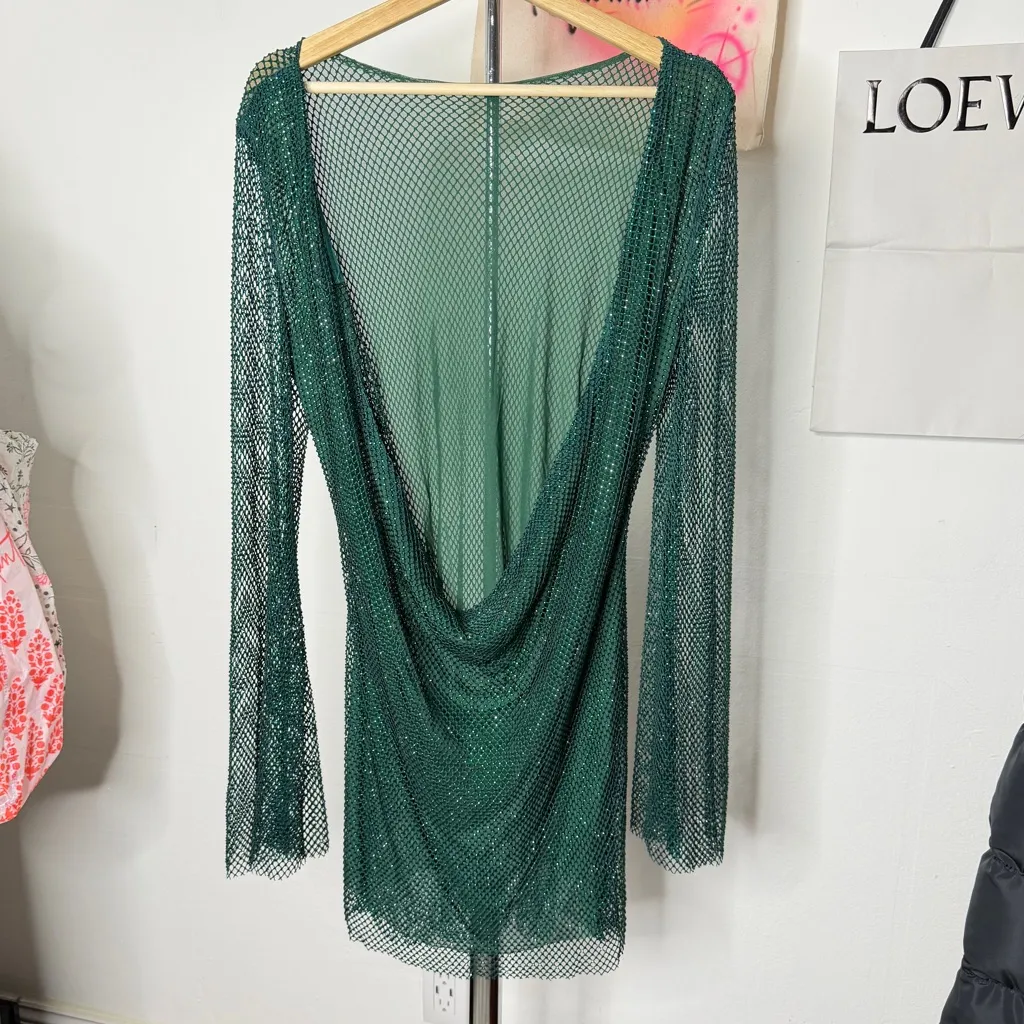 NEW Meshki Samira Flare Sleeve Diamante Mesh Mini Dress Emerald - Image 7