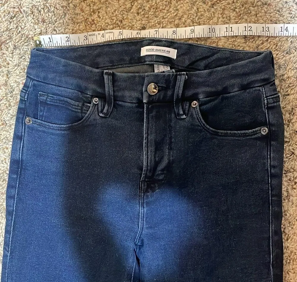 Good American Good Legs Frayed Hem Dark Wash Blue Skinny Jeans Size 0/25 - Image 10