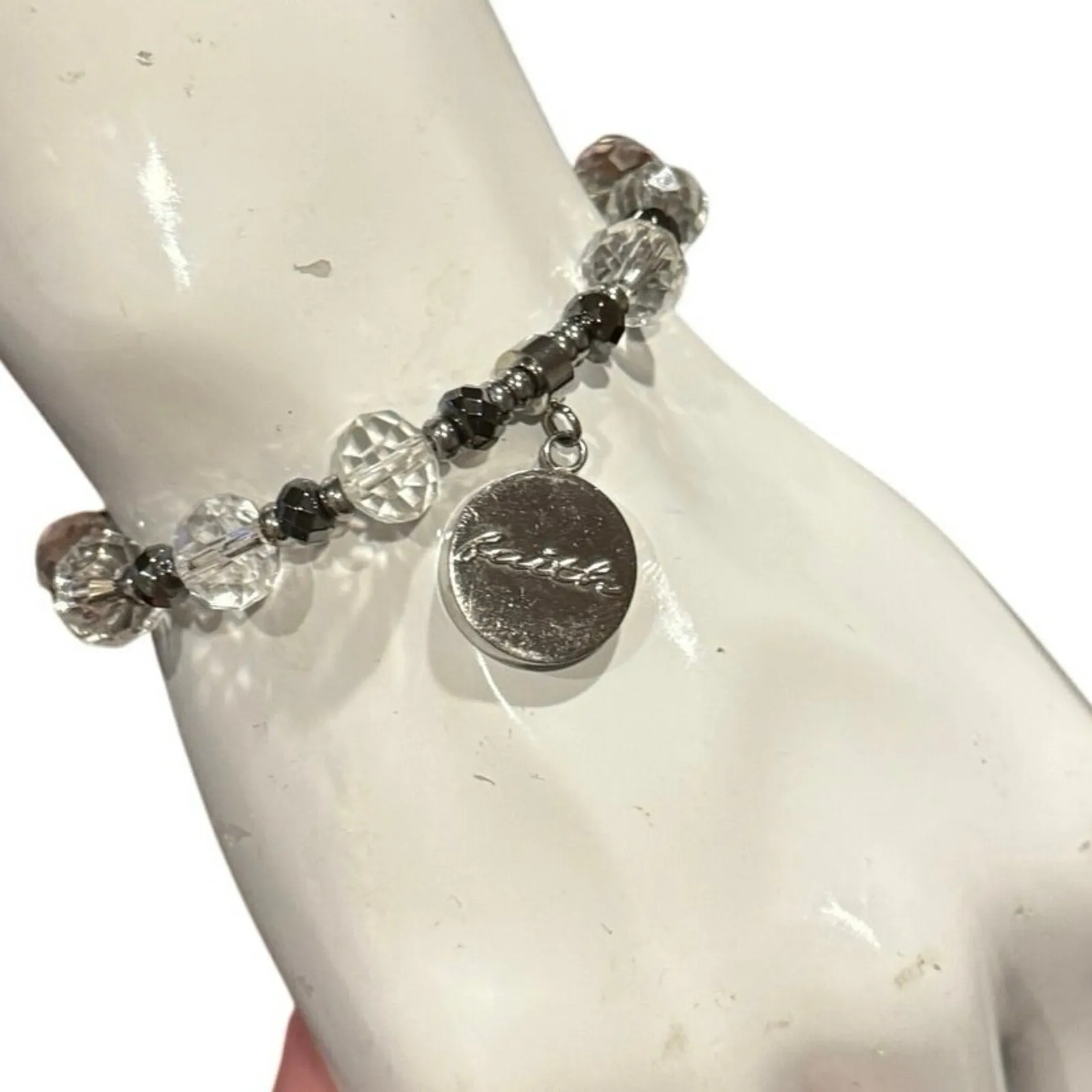 Rustic Cuff Christian Faith Stretch Bracelet Silver & Clear Beads Charm Logo - Image 1