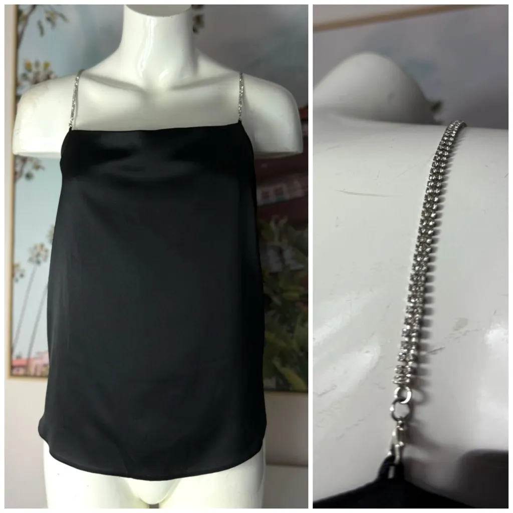 ASOS Black Satin Cami Tank Rhinestone Diamante Straps Blouse Size 14 XL - Image 2