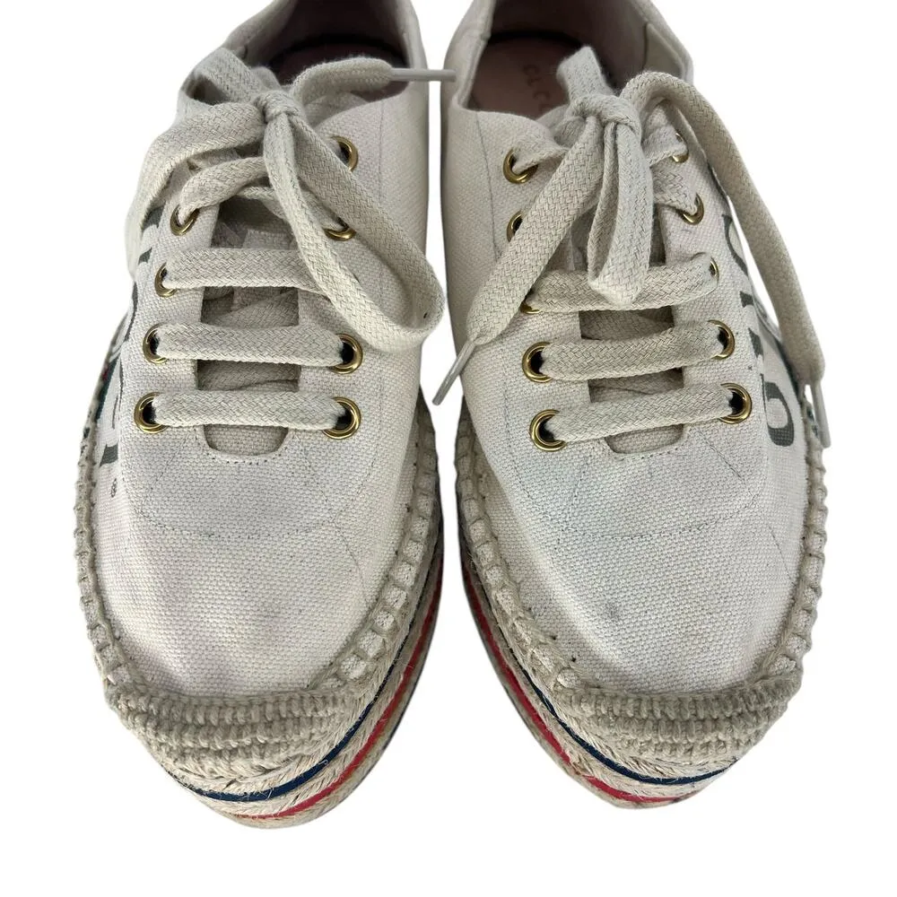Gucci  Cream Lace Up Canvas Logo Platform Espadrilles - Image 6
