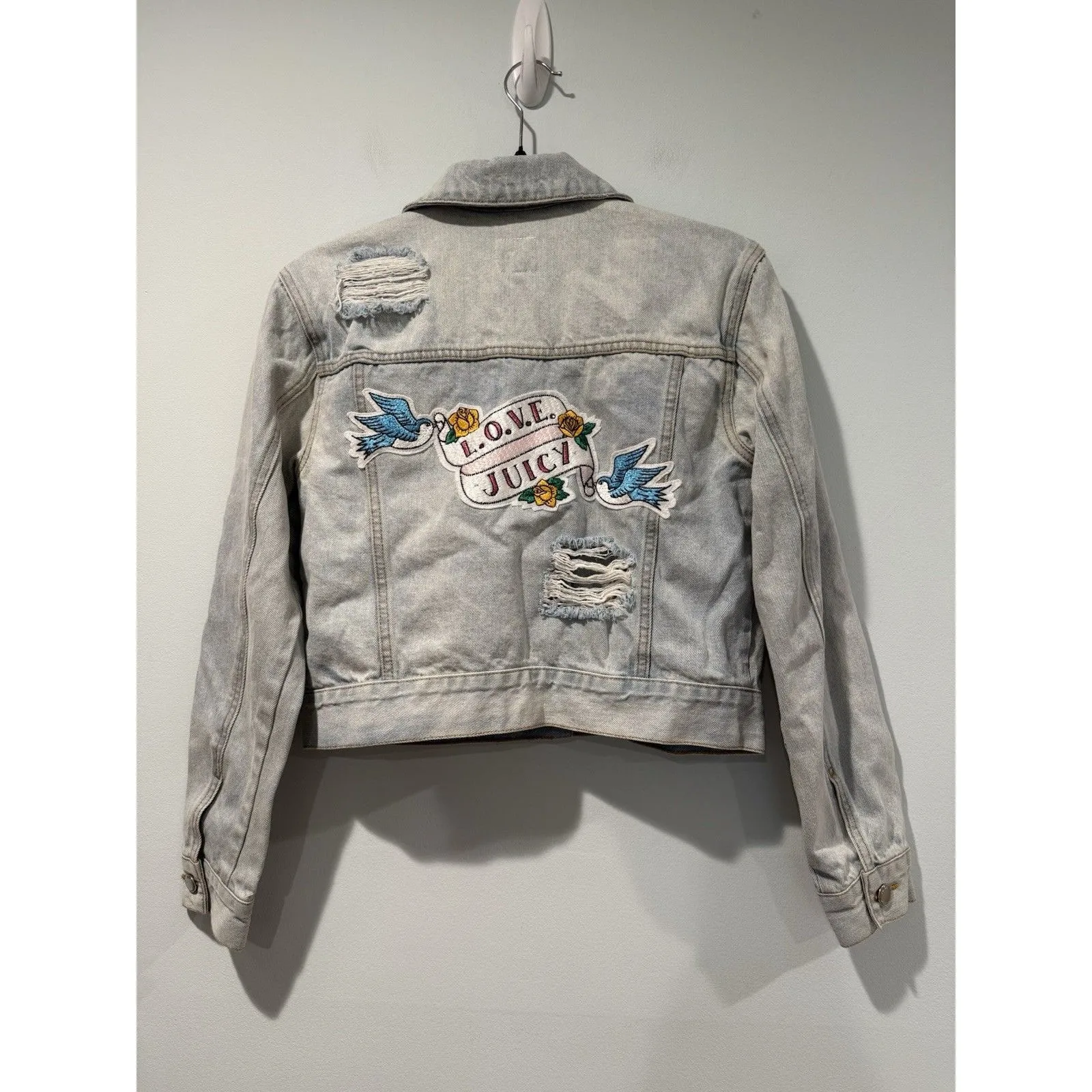 Juicy Couture Denim Jean Jacket Womens XS Distressed Y2K Patches Punk Tattoo - Image 2