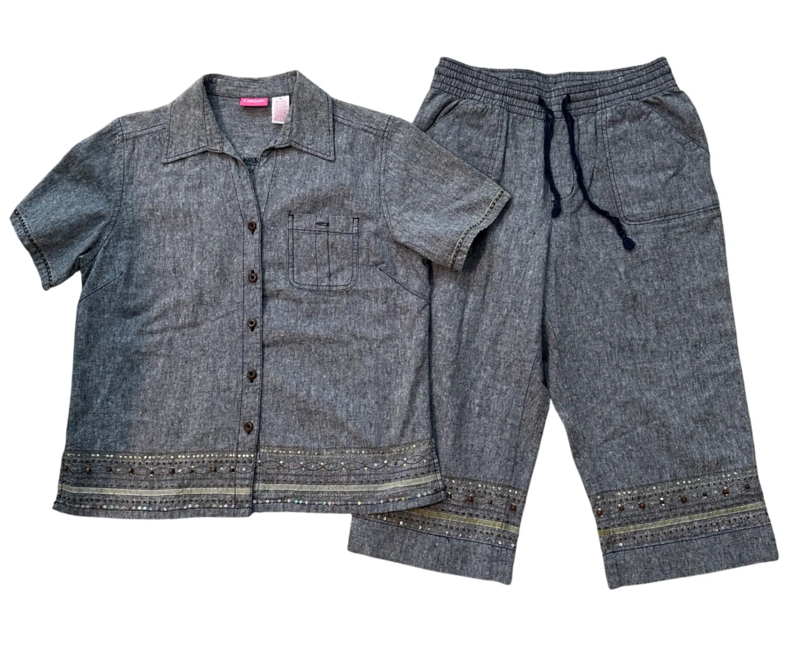 Coppagallo Linen Blend Outfit Set Embellished‎ Details Capris Medium Blouse Gray - Image 1