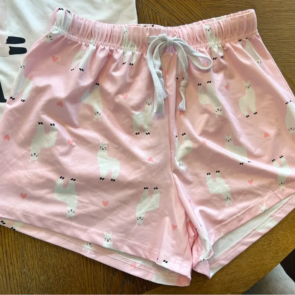 Women Short Sleeve Tee & Shorts Pajama Set Alpaca Llama Print SleepwearSmall Pink - Image 6
