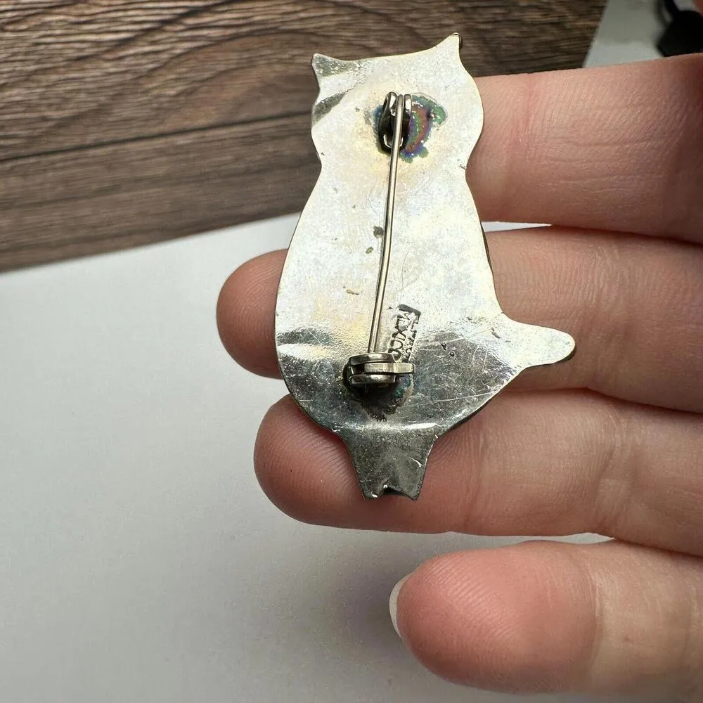 Alpaca Mexico Kitty Cat Brooch Pin Black Enamel Abalone Inlay & Silver Tone - Image 4