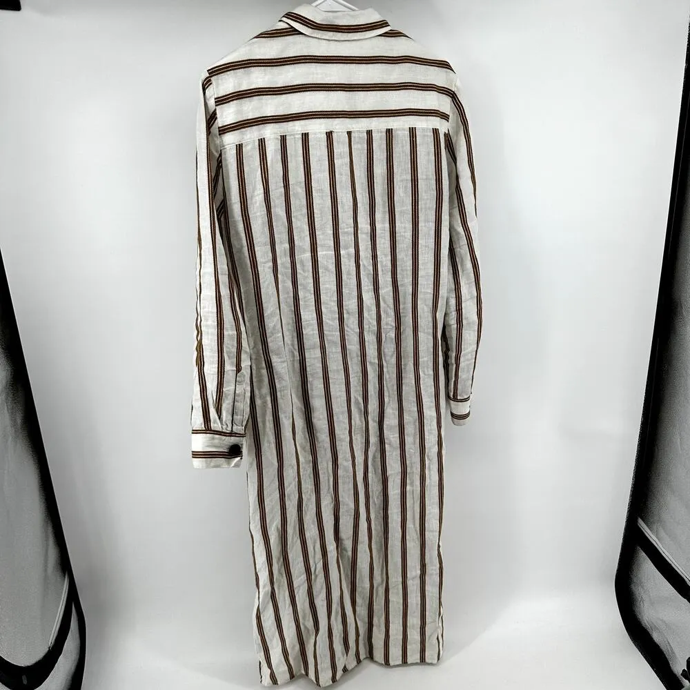Zara Linen Midi Shirt Dress Striped Side Slit Button Down Collar Brown White L - Image 7