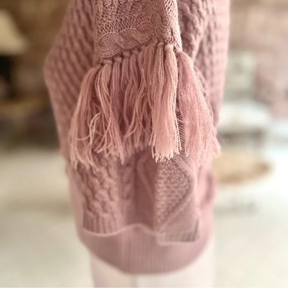 BB Dakota NWT Sweater Mauve Pink Cable Knit Crop Fringe Short Sleeve S Boho Chic - Image 10