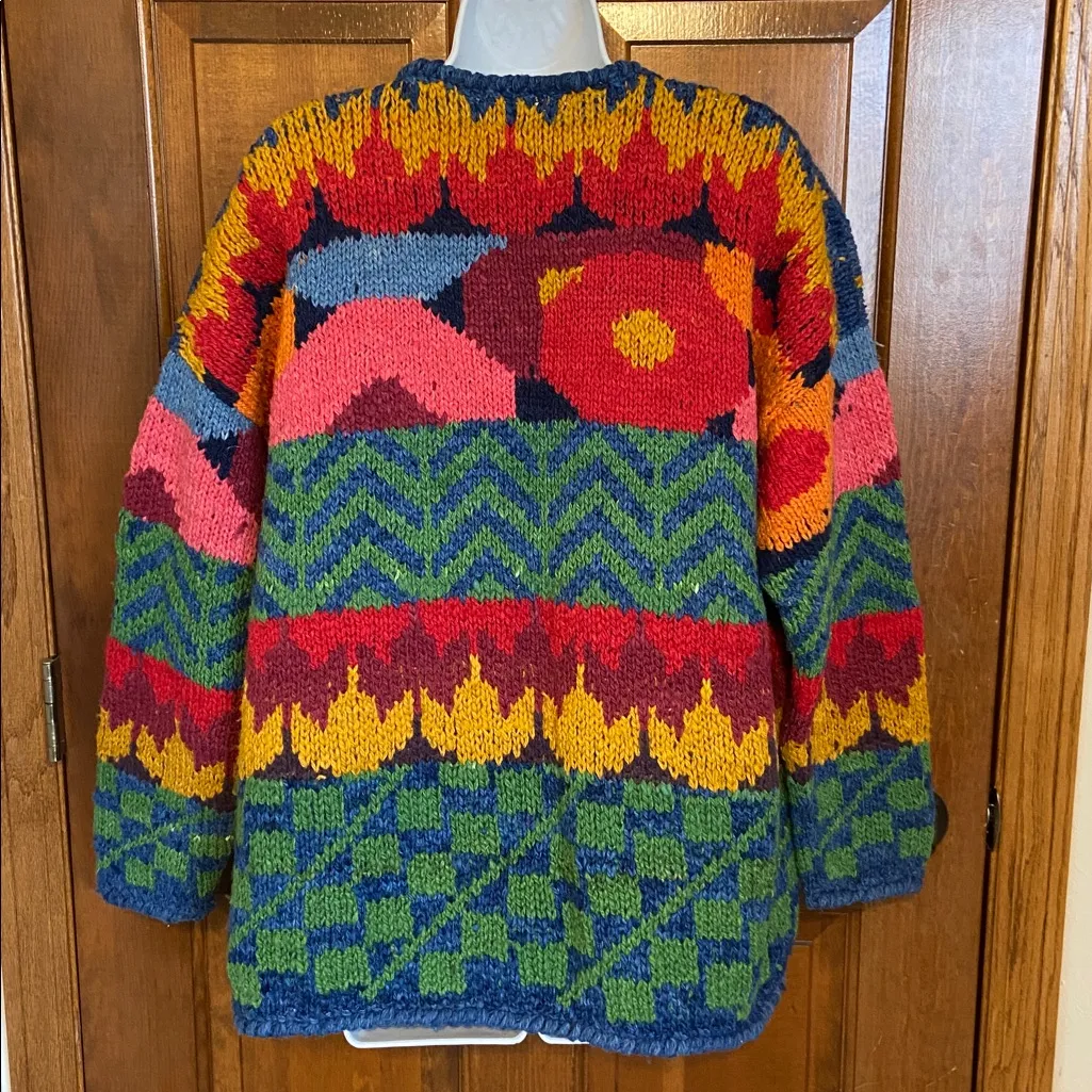 Vintage Express Tricot Cardigan Women One Size Handknit Wool Aztec Incan OS Green - Image 6