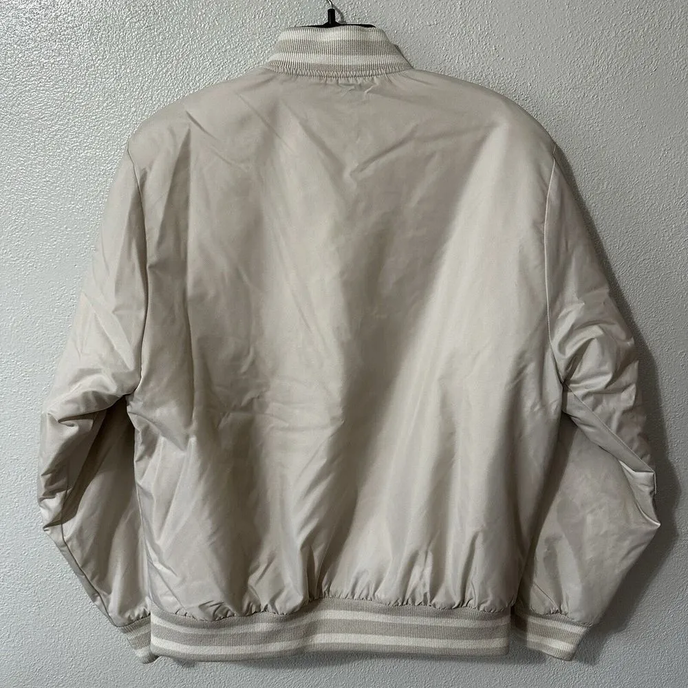TNA Aritzia Stadium Varsity Jacket Satin Beige Ivory &‎ White Size XS Tan - Image 2