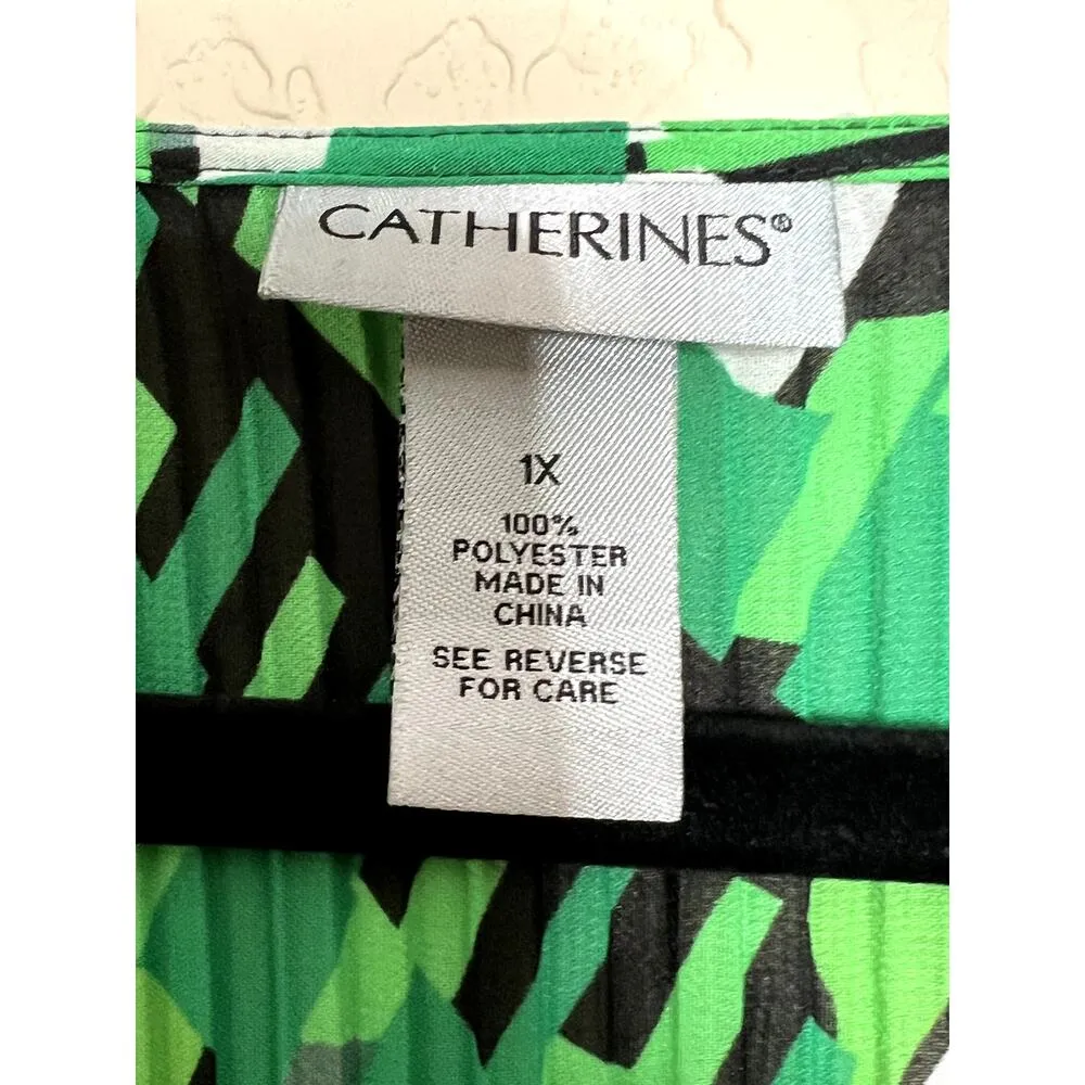 Catherines womens size 1X top green/black pleats boatneck office attire, church Green - Image 4