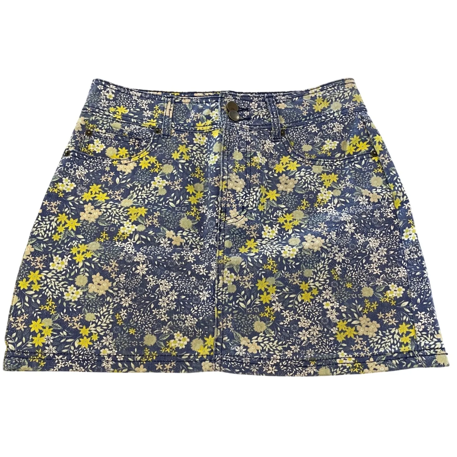 Laura Ashley Urban Outfitters Floral Denim Mini Skirt Medium Blue Yellow White - Image 3
