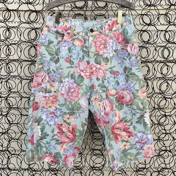 Vintage 90s Zena Floral Pastel Bareback Bermuda High Rise Jean Shorts SMALL? - Image 1