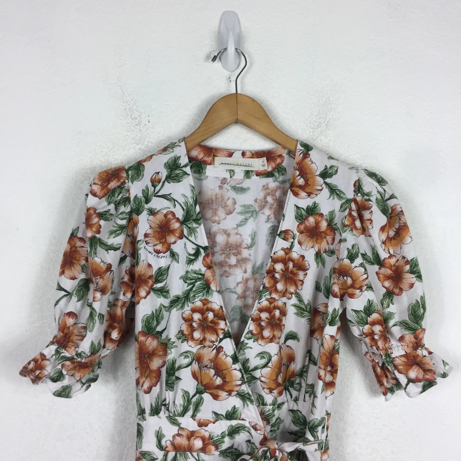 Happy X Nature Teagarden Floral Puff Sleeve Linen Wrap Midi Dress Small Coquette White - Image 5