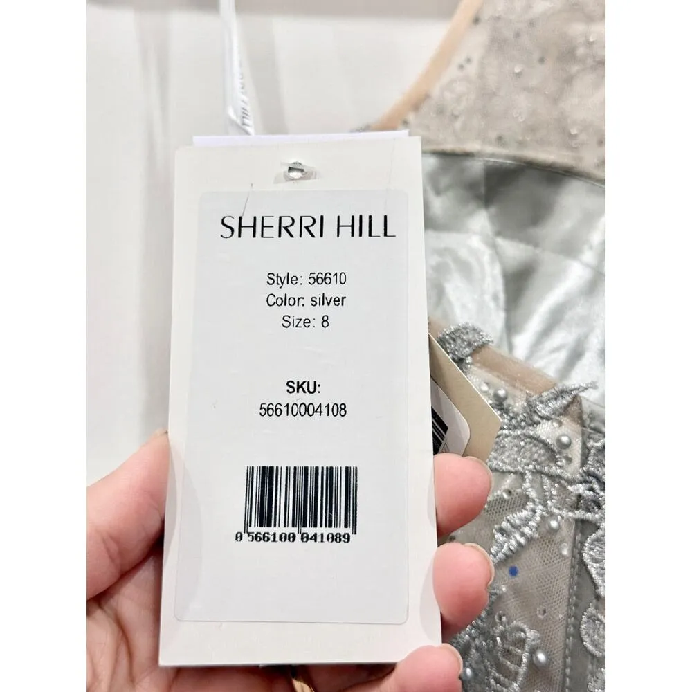 NWT Sherri Hill Halter Ruffle Tulle Cocktail Gown with Leaf Lace Bodice Silver 8 - Image 5