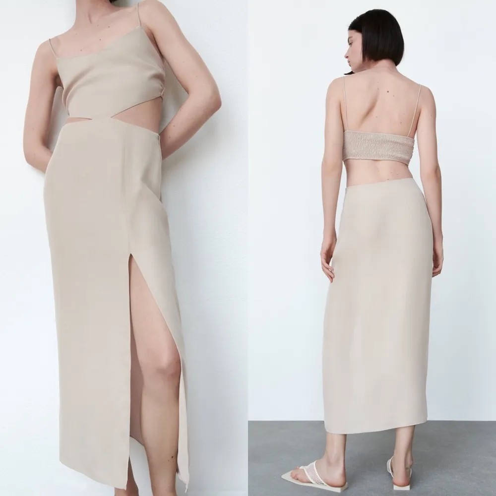 Zara CUT OUT V-neck Dress w/ Thin Straps Side Slits at Hem Beige SIZE S NEW - Image 2