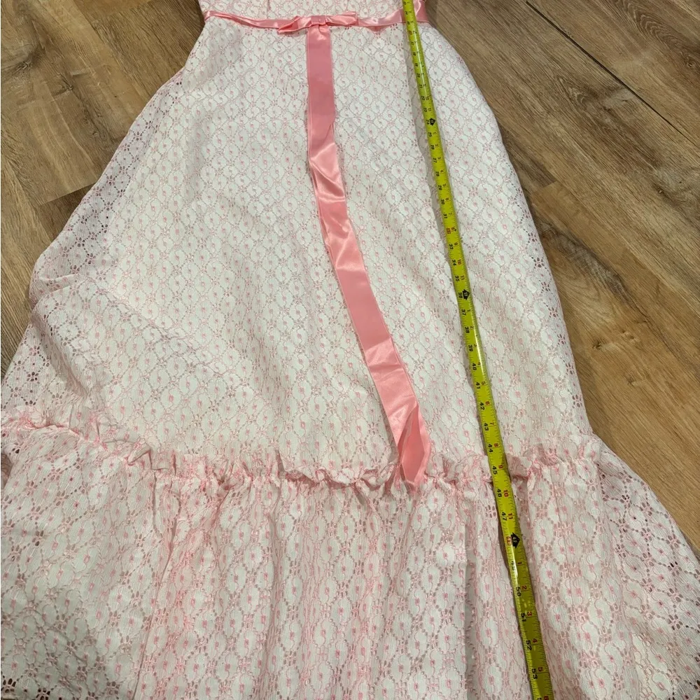 Vintage Woman’s Dress 70’s Pink Ruffle Lace Empire Waist Maxi With Satin Ribbon Size 12 - Image 9