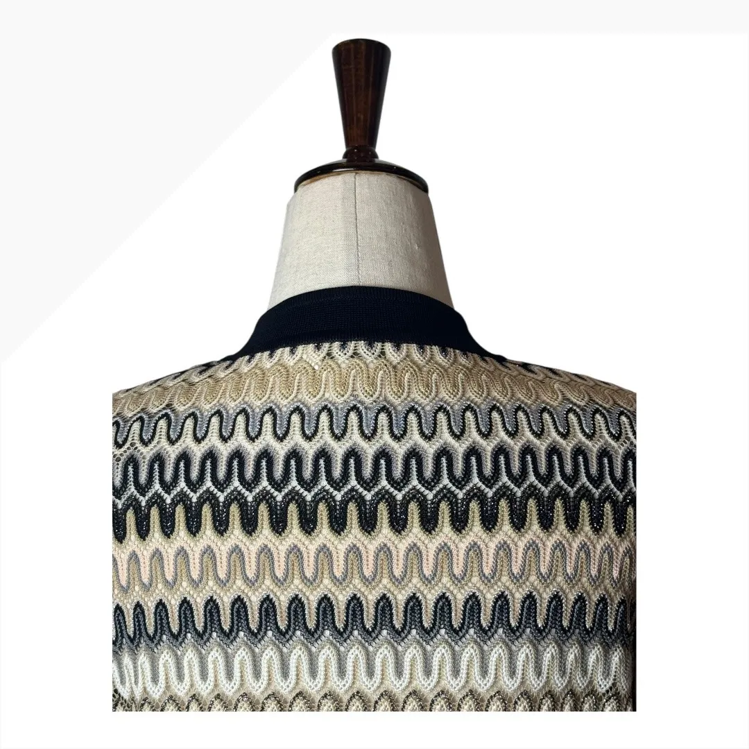 Misook Sweater Women XS Black Tan Knit Geometric Sparkle Open Long Line Cardigan - Image 4