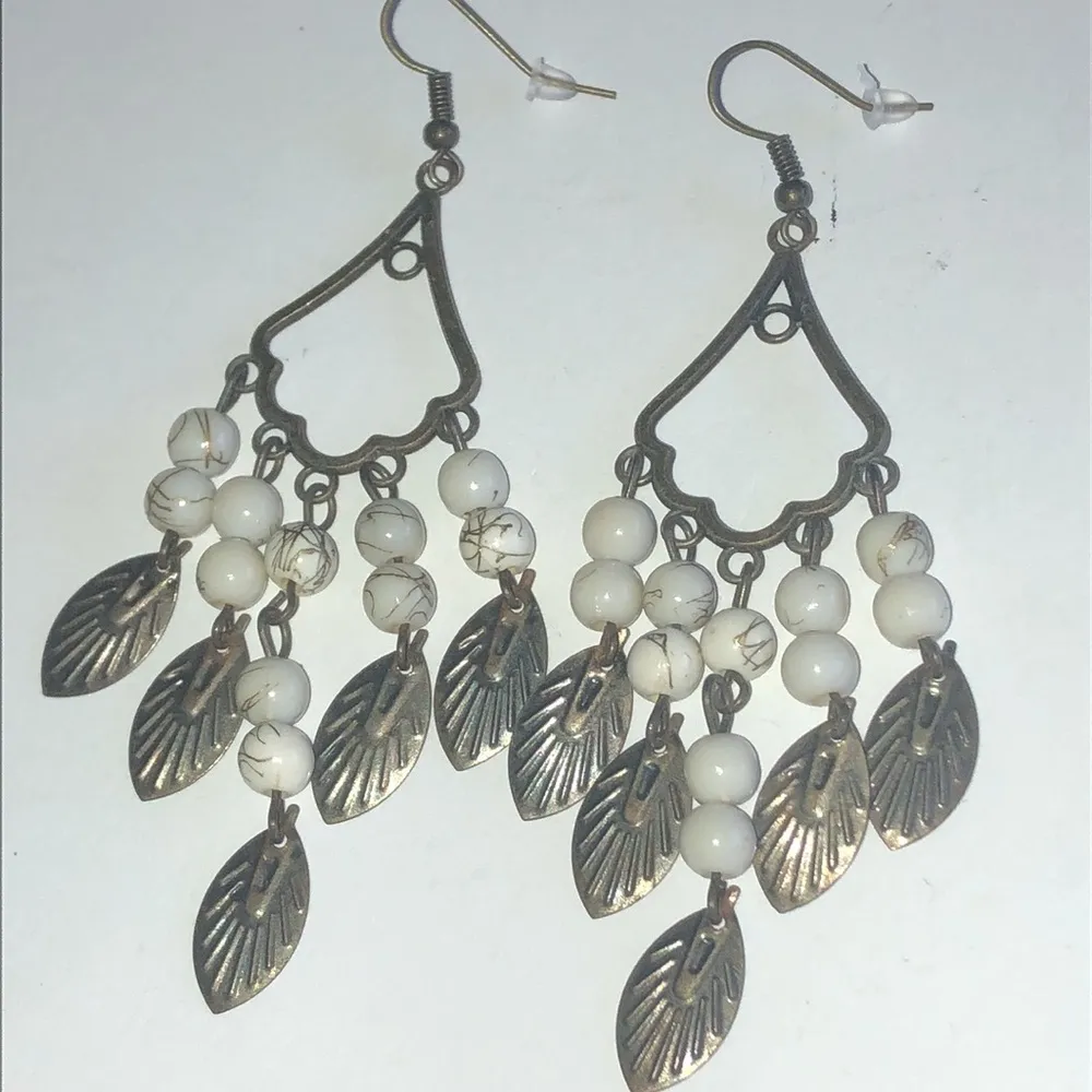 Huge Brass Tone & White Stone Beaded Boho Statement Pierced Earrings - Image 2