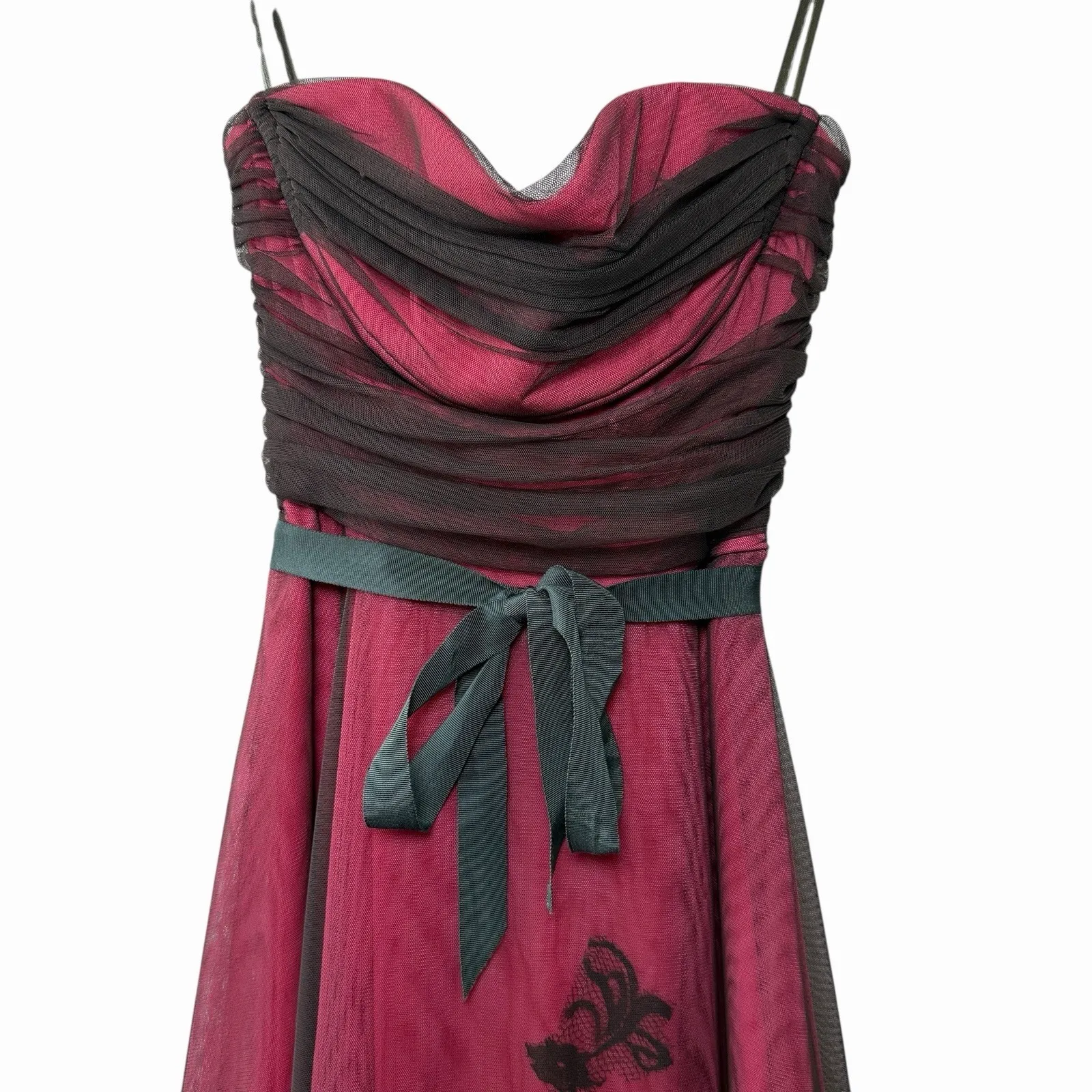 BCBG Max Azria Strapless Tulle Lace Dress XS Pink Black WhimsyGoth Vampy Formal - Image 4