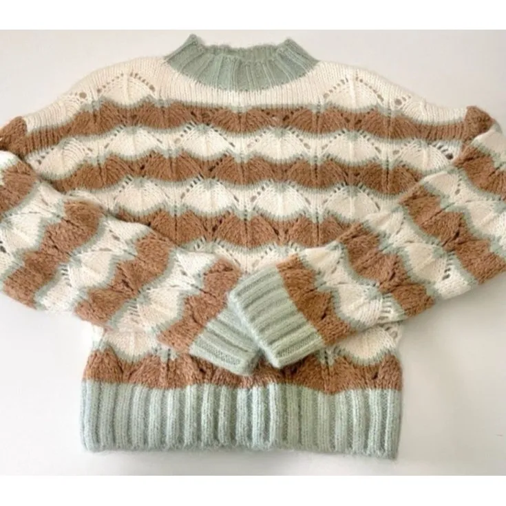 Zara Striped Pointelle Knit Alpaca Wool Blend Sweater Women’s S/M Ivory Tan Sage - Image 7