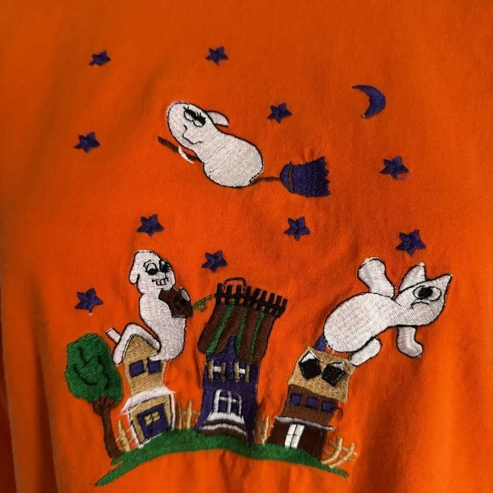 Vintage Halloween Haunted House 100% Cotton Long Sleeve Top Size M Orange Size M - Image 7