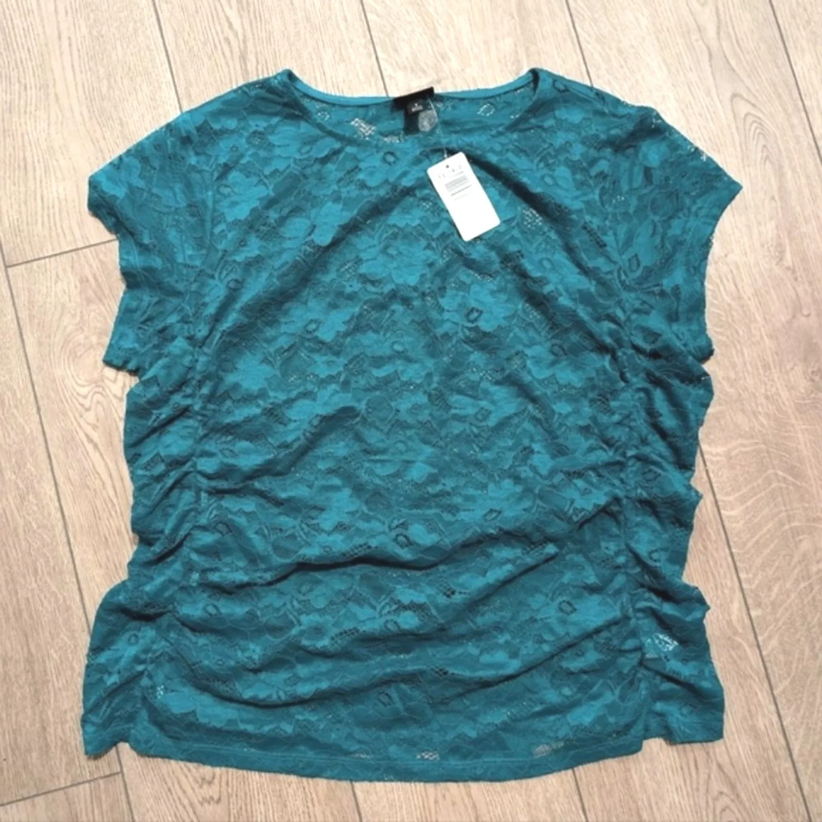 🆕 Torrid NWT Plus 1 1X Aqua Lace Stretch Cinched Sides‎ Top Blouse Shirt Sheer - Image 2