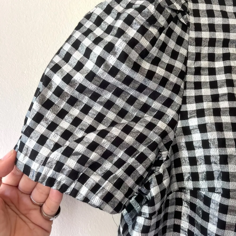 J.Crew Sz M Gingham Metallic Puff Sleeve Blouse‎ Top Lined Round Neck Pullover - Image 5