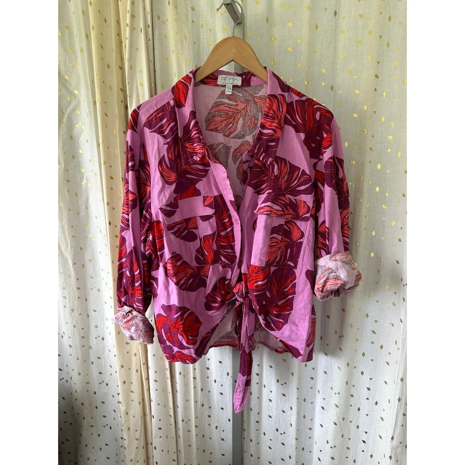 Sophia Jeans By Sophia Vergara Hawaiian Tropical Monstera Linen Blend Shirt XXXL Pink Size undefined - Image 3