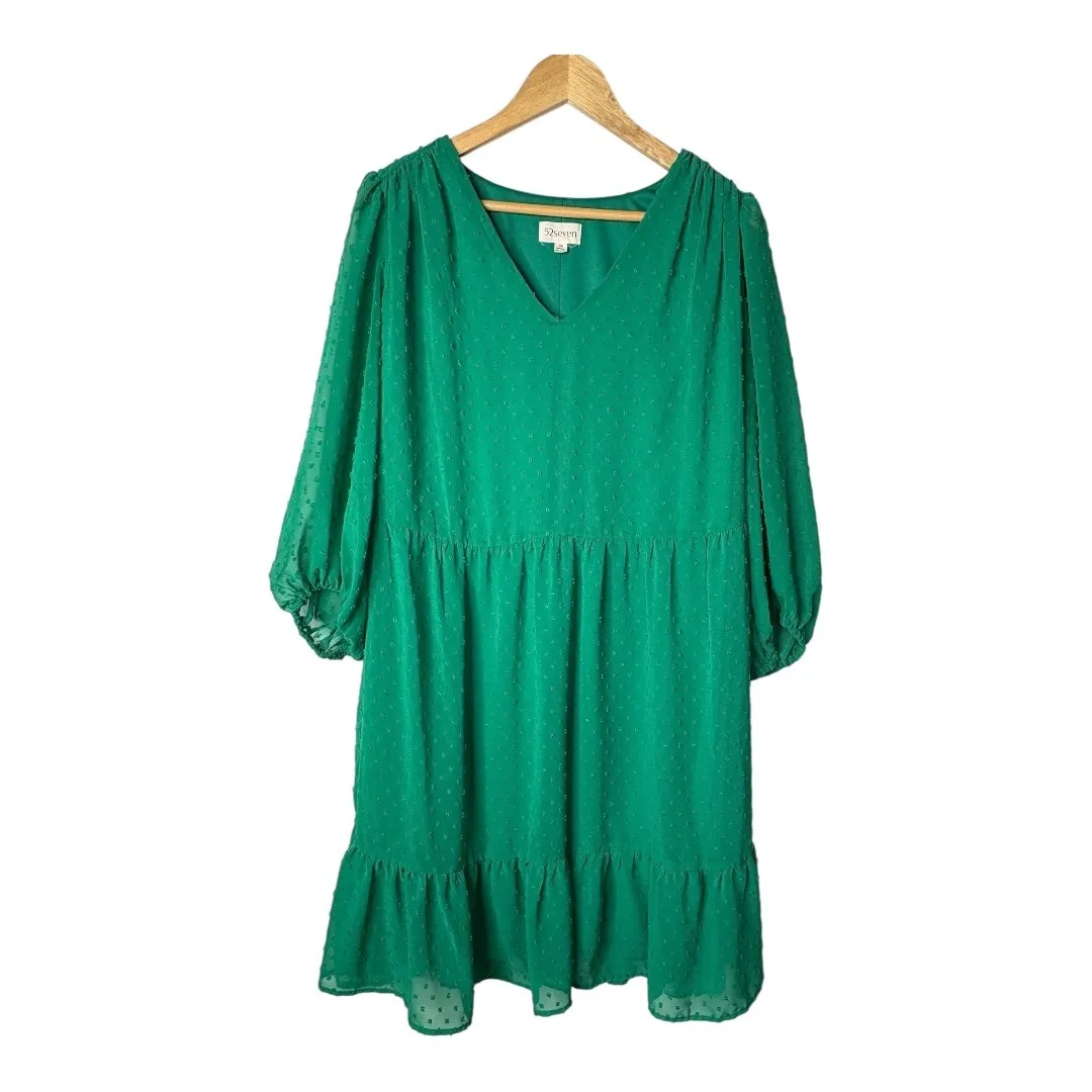52seven Green Swiss Dot V Neck Tiered Ruffle Hem Babydoll Dress Plus Size 1X‎ - Image 4