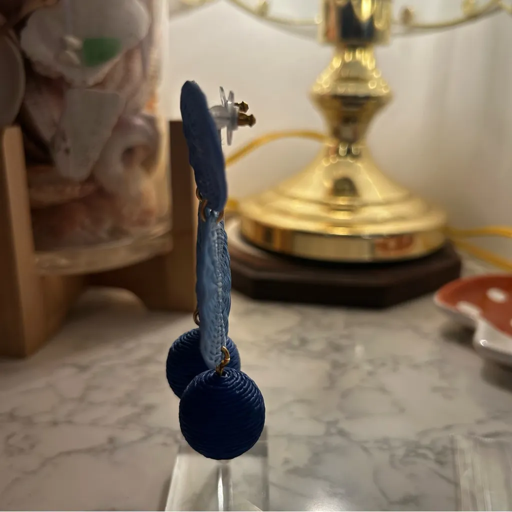 J.Crew Blue Disc Ball Raffia Triple Drop Large Statement Dangle Earrings - Image 4