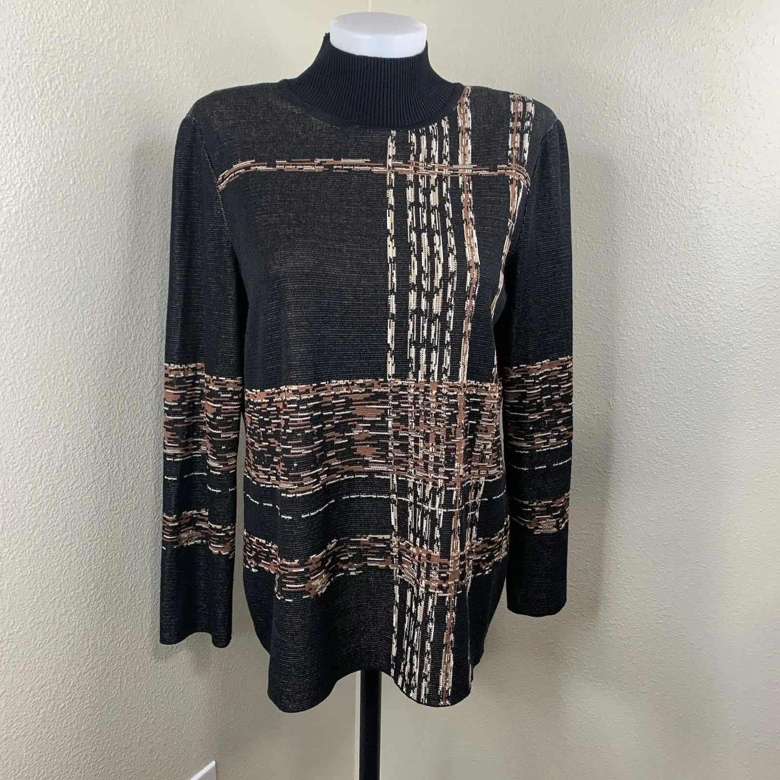 Ming Wang Black Brown Pattern Striped Abstract Sweater Women’s Sz M Mock Neck - Image 2