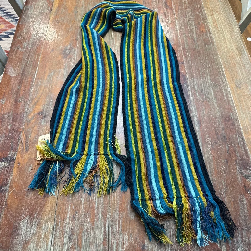 Coldwater Creek Striped Scarf One Size Blue Yellow Tan Black - Image 7