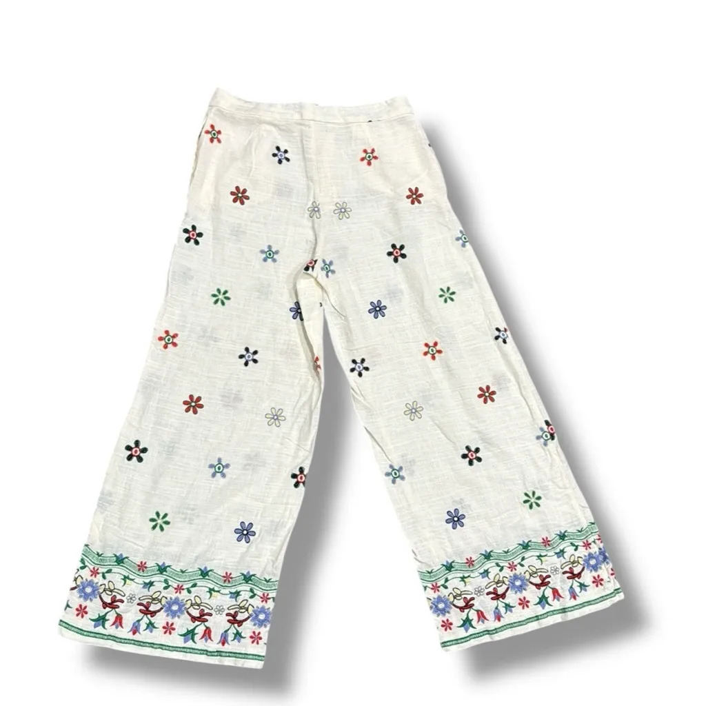Zara Embroidered‎ Linen Blend Wide Leg Pants Size Medium - Image 8