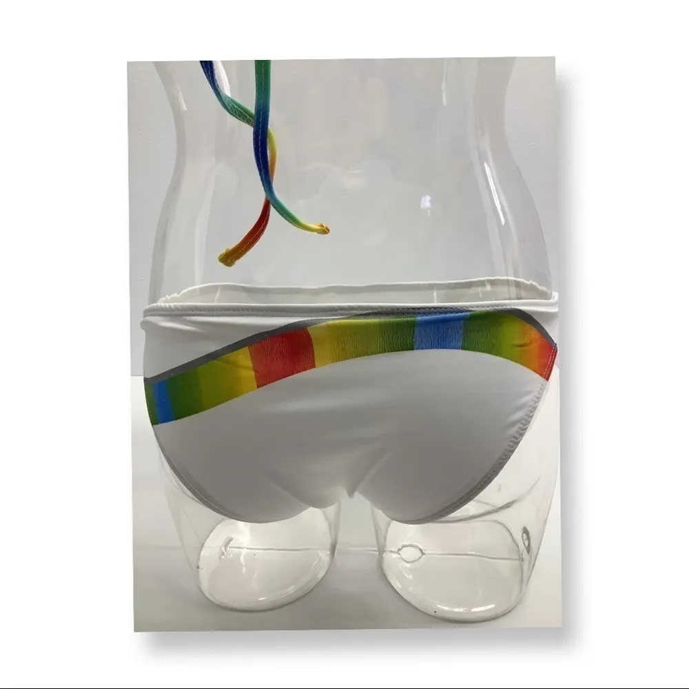 Zuliana white with striped design bikini vintage. Has markings on bikini top. - Image 4