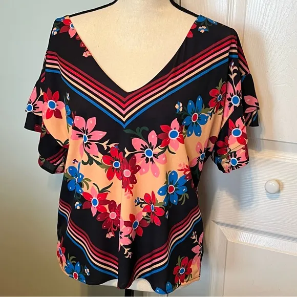 Judith March Womens Size Small V-Neck Cutout Back Bell Sleeve Floral Boho Blouse - Image 1