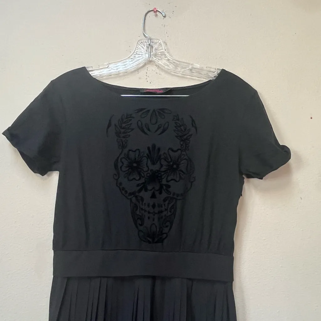 Black Gothic Skull Pleated Maxi Dress Alt Dark Academia | Motel Rocks - Image 5