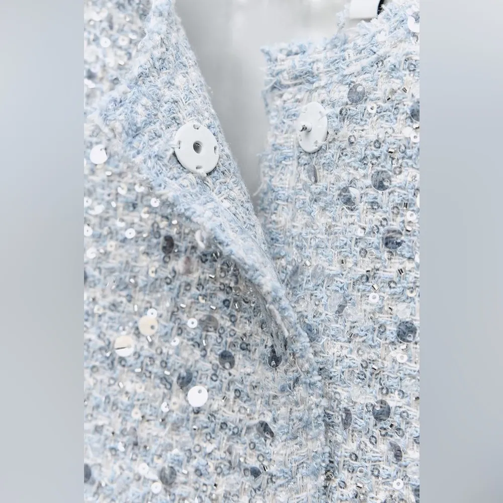 Zara ZW TWEED WEAVE TEXTURE SEQUIN CROPPED JACKET Blazer Blue/Silver Size XS NEW - Image 11