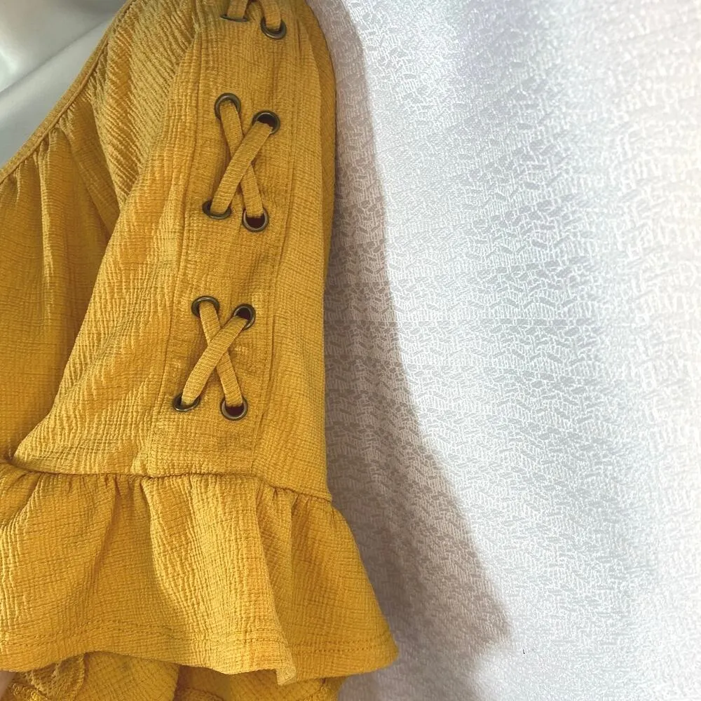 NAIF Anthropologie Boho Gold Corset Detail Bell Ruffle Sleeve Blouse women sz M - Image 3