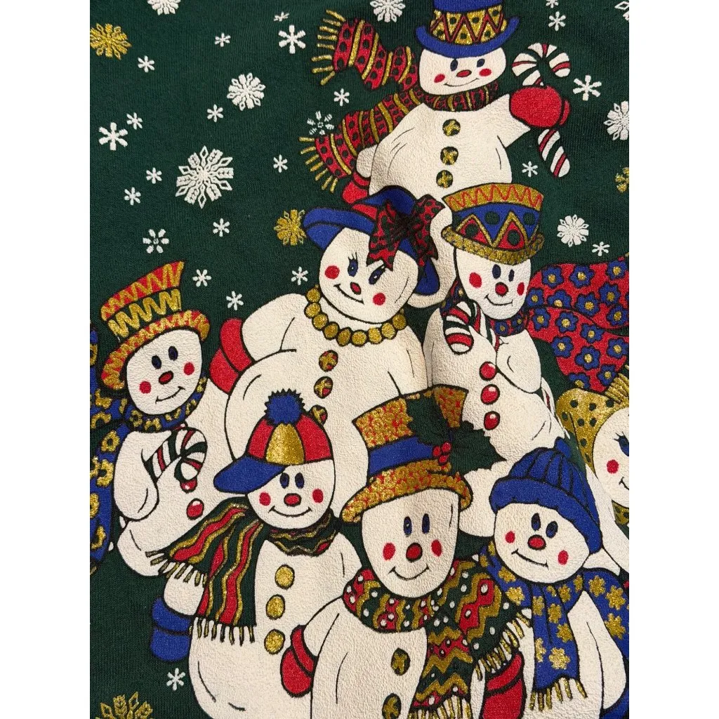 VTG Hanes Snowman Christmas Raglan Sweatshirt Women Large 26" Army Green Holiday - Image 5