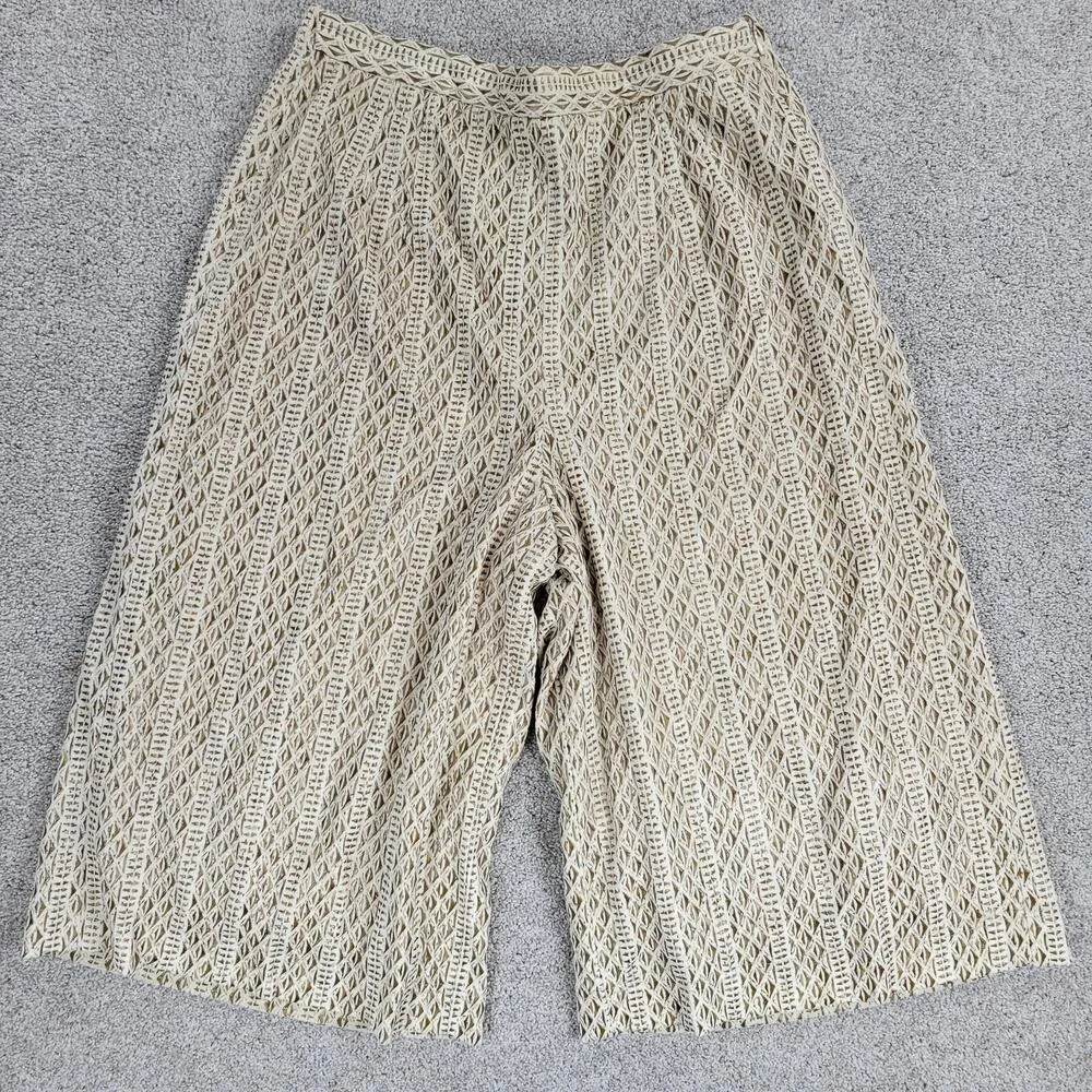 VTG Womens 80s Oro Solo Beach Square Pants 12 Beige Mesh Wide Leg Crop Gaucho Tan - Image 2