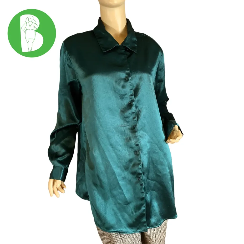 JACLYN SMITH DARK FOREST GREEN JEWEL TONE SATIN BUTTON DOWN BLOUSE (14) - Image 2