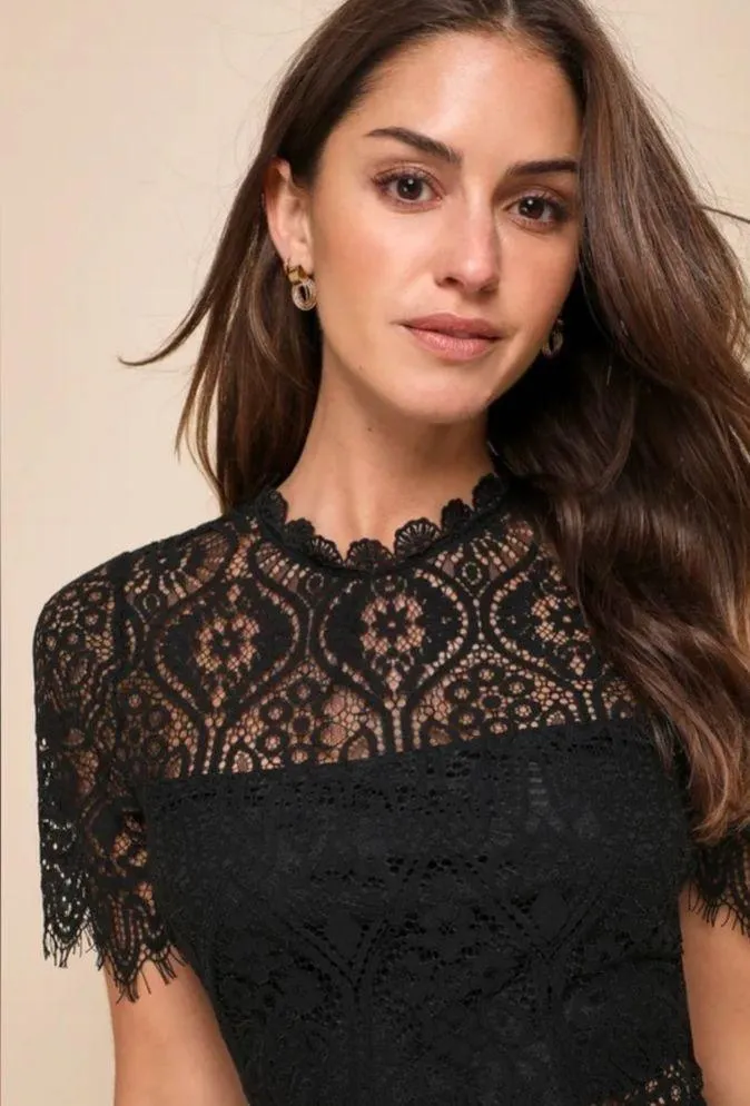 Remarkable Black Sheer Lace Short Sleeve Mini Dress - Image 2