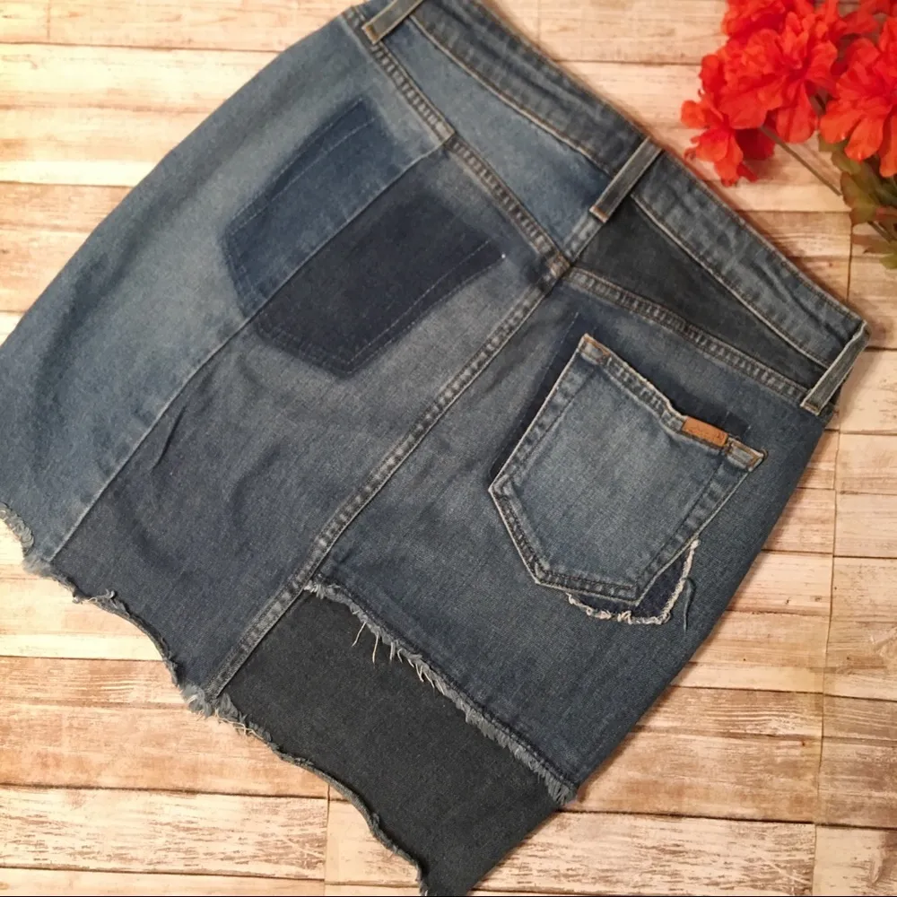Joes Jeans Patchwork Pencil Denim Jean Skirt Fringe Hi Lo Hem - Image 7
