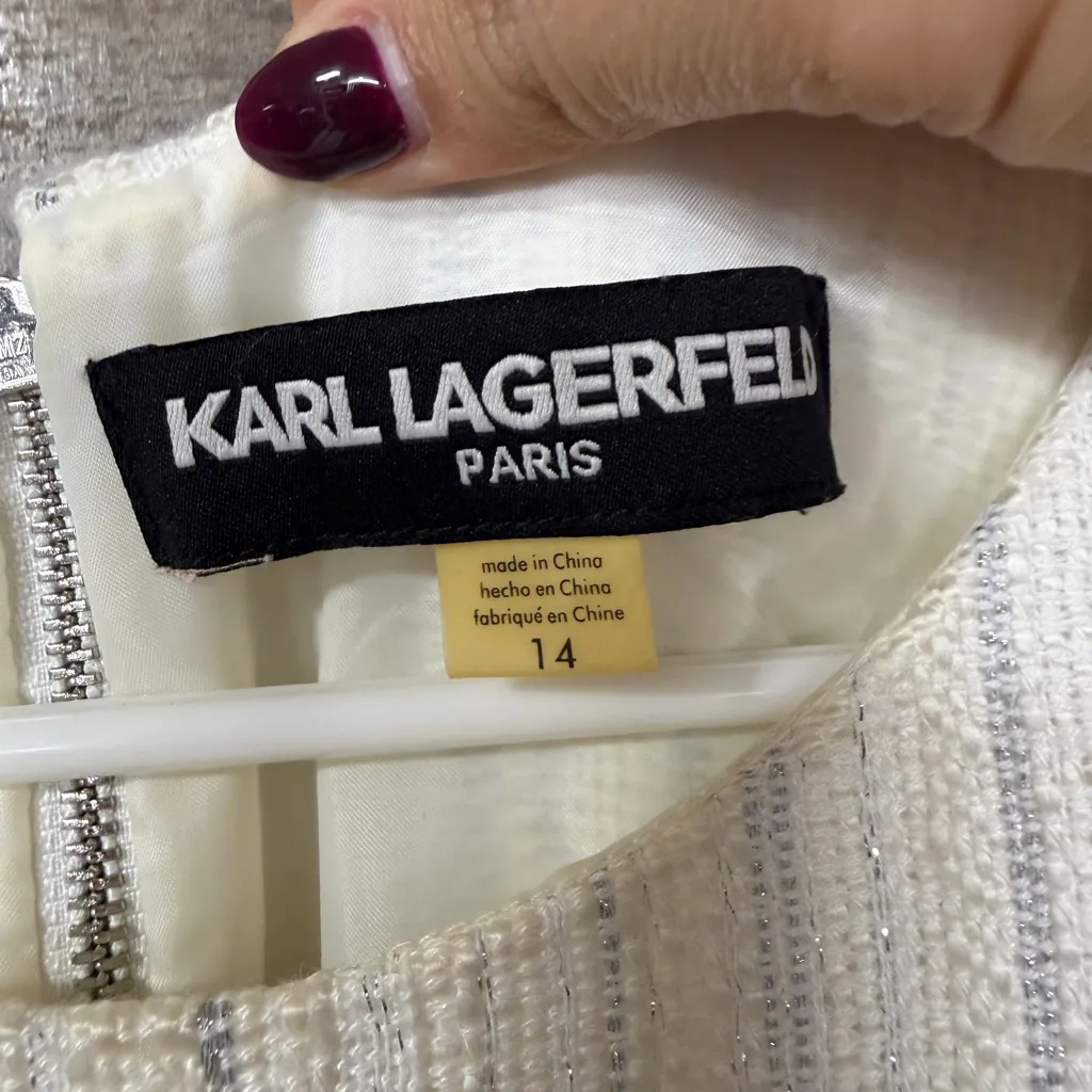 Karl Lagerfeld Ivory & Silver Metallic Tweed Fringe Dress Size 14 - Image 5