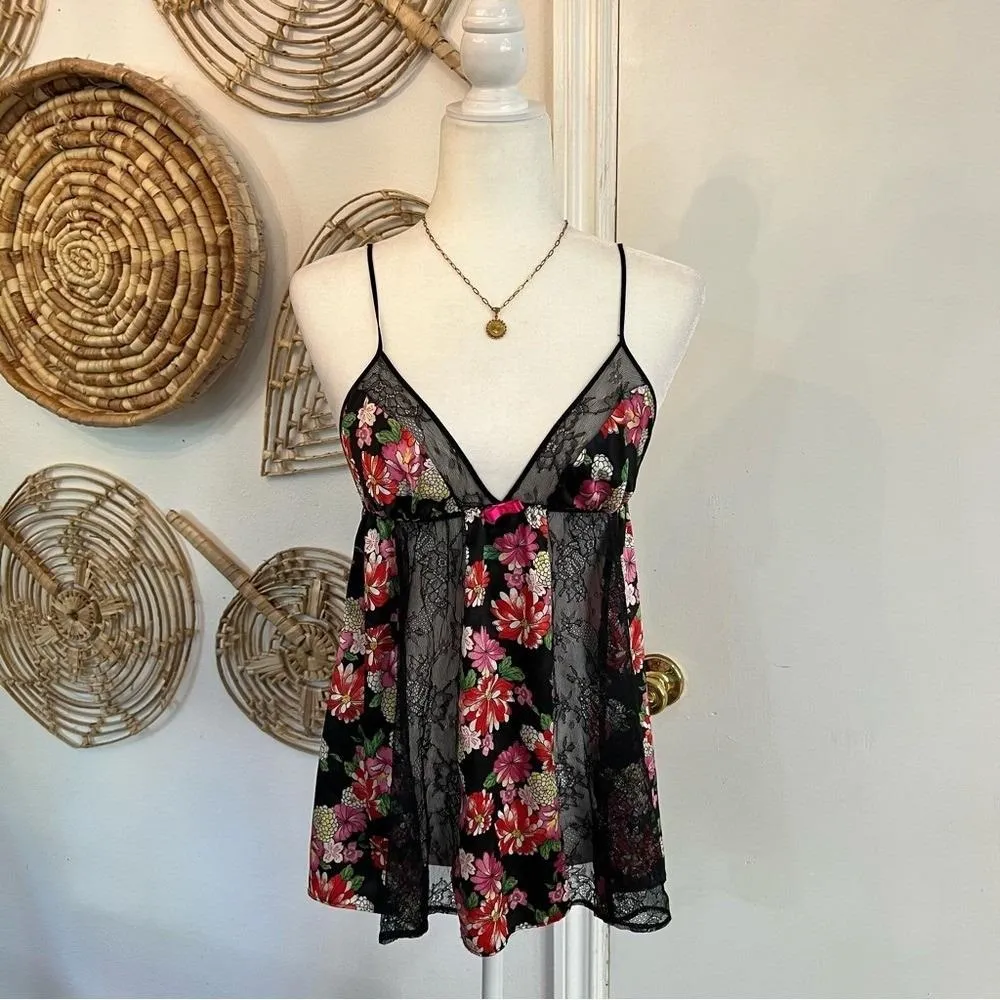 Vintage Victoria's Secret Floral Lace Babydoll Slip Dress Black Pink Red Med - Image 2