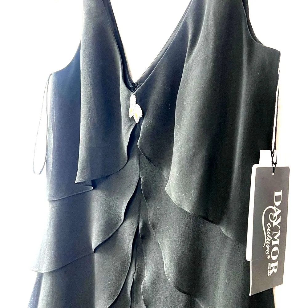 Vtge Daymor Womens 100% silk Black Elegant V neck Ruffle Layered Dress Sz 4 Maxi - Image 3
