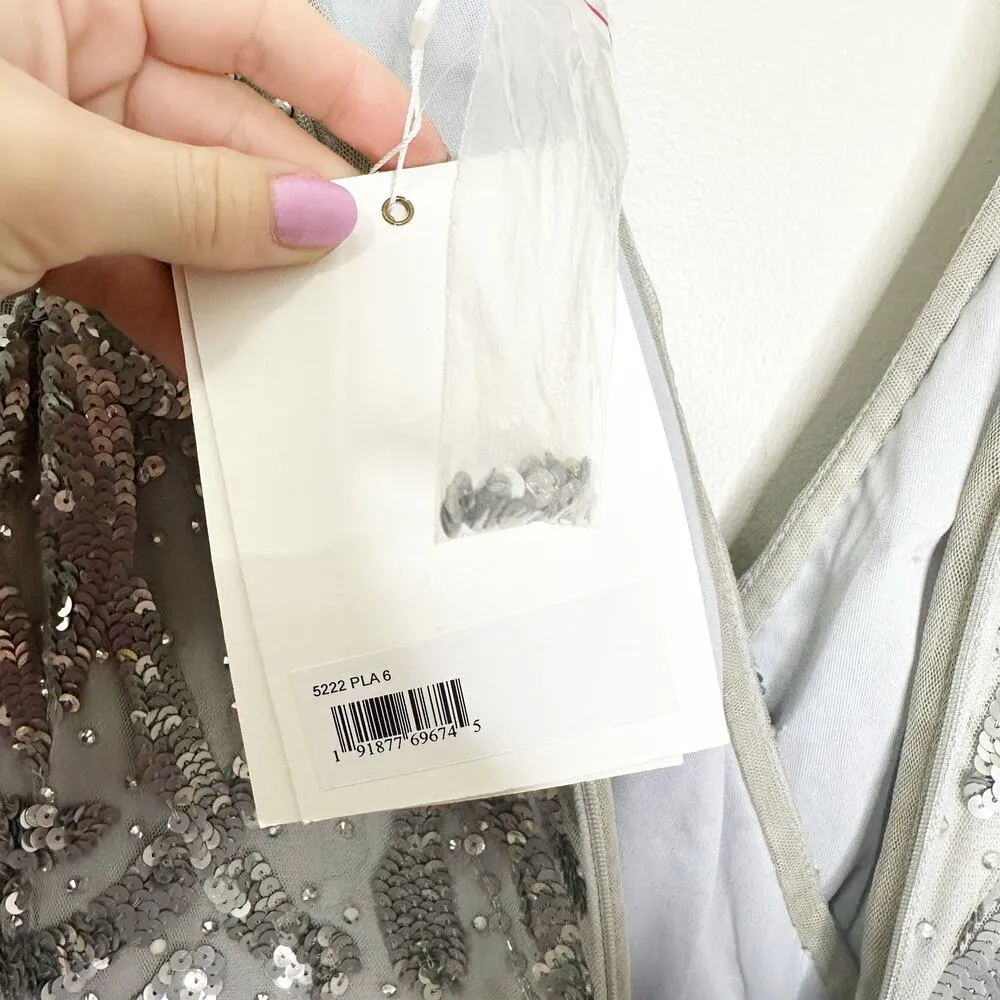 Mac Duggal 5222 Sequined Faux Wrap Split Long Sleeve Gown Platinum 6 $598 NEW - Image 14