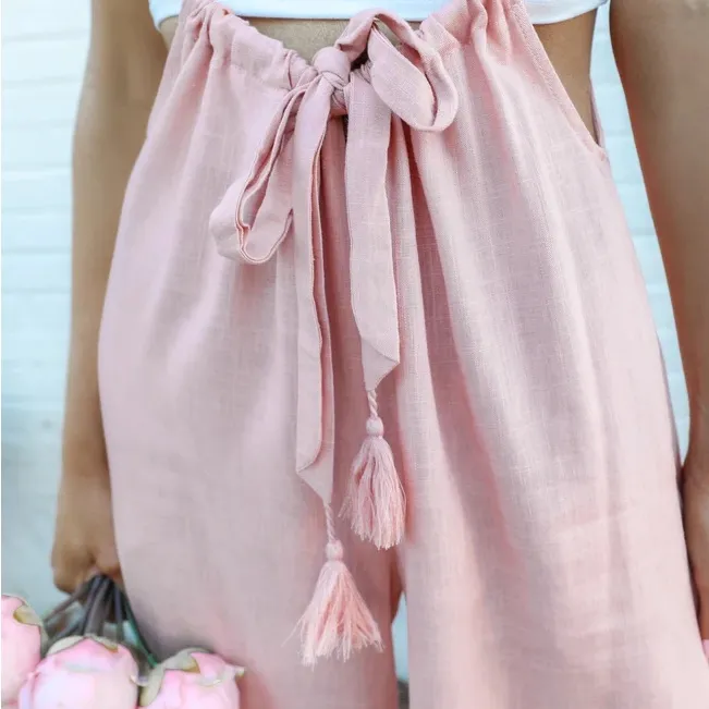 Mazik Boho Pink Linen Wide Leg Suspender Jumpsuit Overalls with Tassels NEW Size M - Image 6